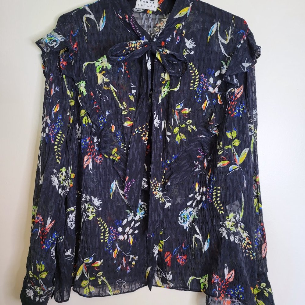 Navy Sheer Floral Print Tanya Taylor Pussy Bow Blouse